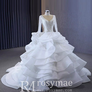 Beaded Lace Apliqued Ruffled Wedding Dresses Long Sleeve Bridal Gown - Rosymae