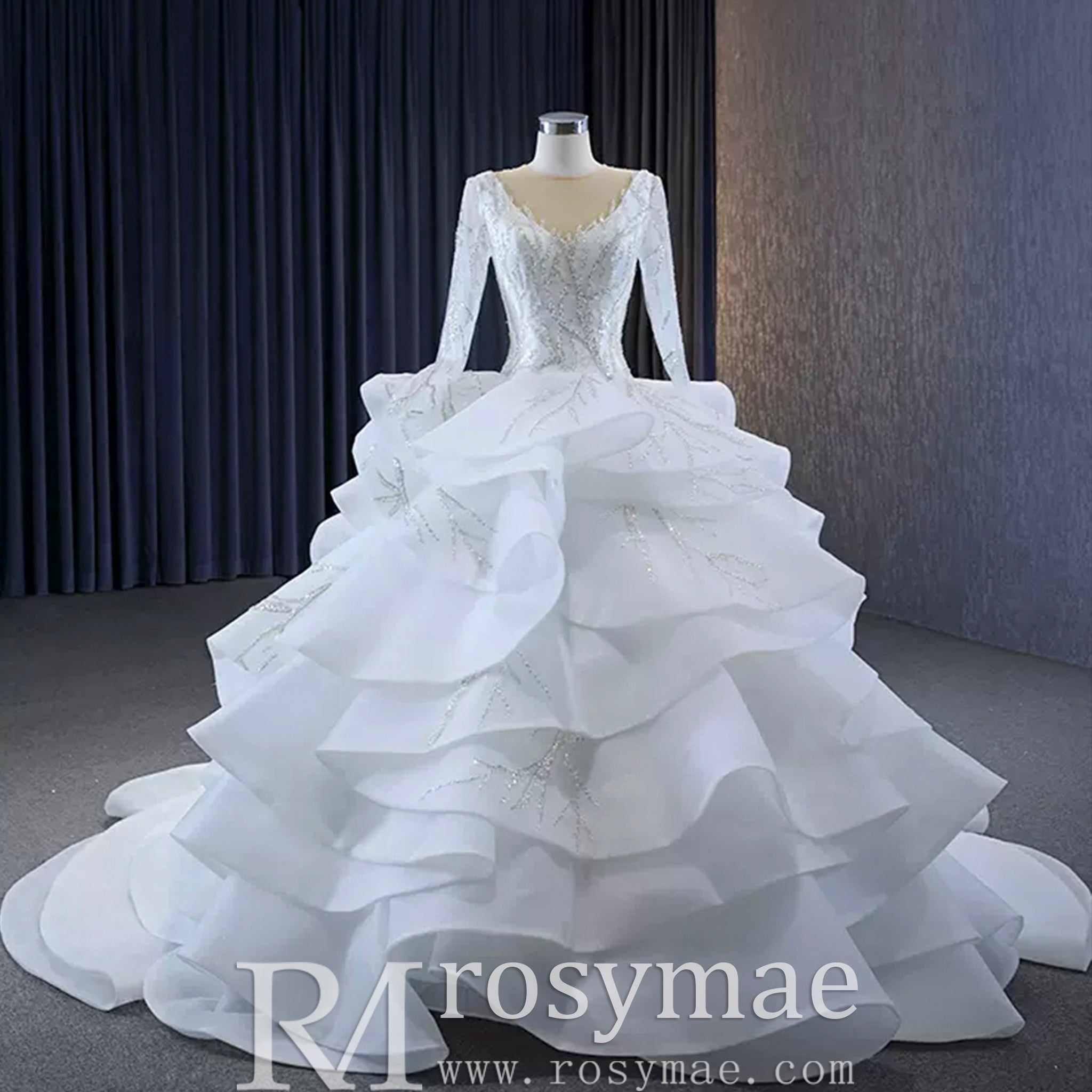 Beaded Lace Apliqued Ruffled Wedding Dresses Long Sleeve Bridal Gown - Rosymae