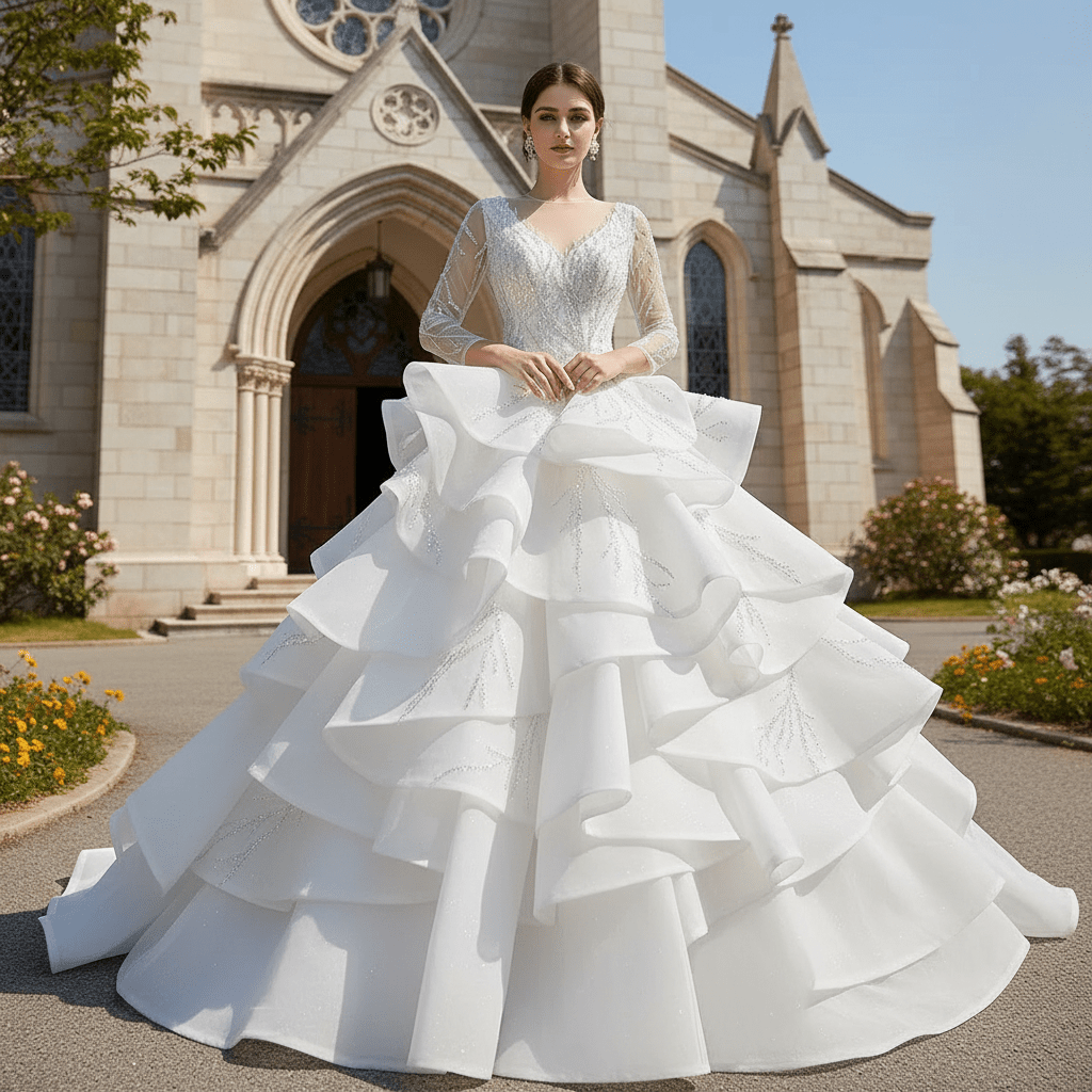 Beaded Lace Apliqued Ruffled Wedding Dresses Long Sleeve Bridal Gown - Rosymae