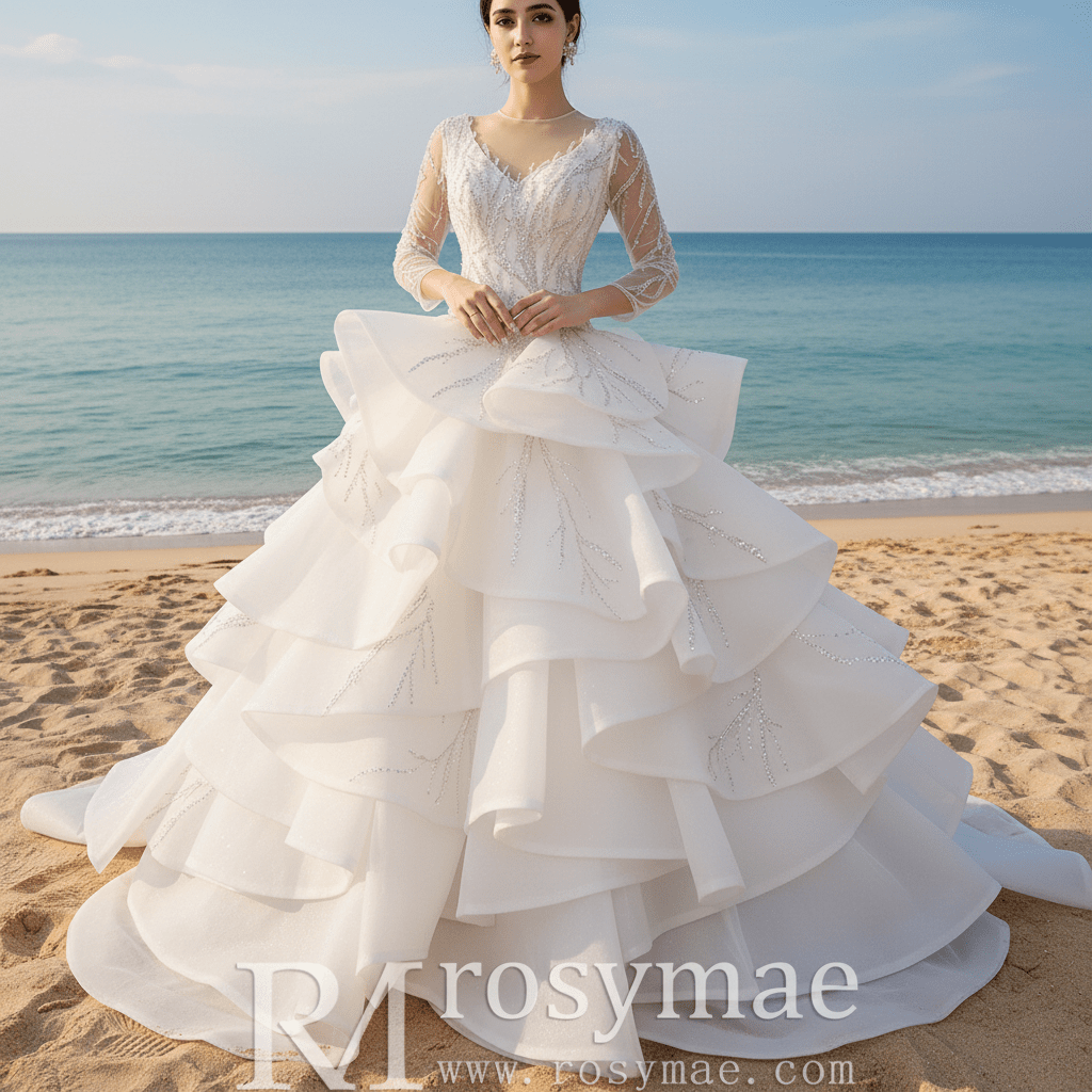 Beaded Lace Apliqued Ruffled Wedding Dresses Long Sleeve Bridal Gown - Rosymae