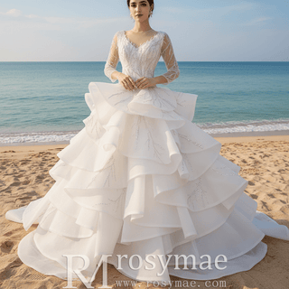 Beaded Lace Apliqued Ruffled Wedding Dresses Long Sleeve Bridal Gown - Rosymae