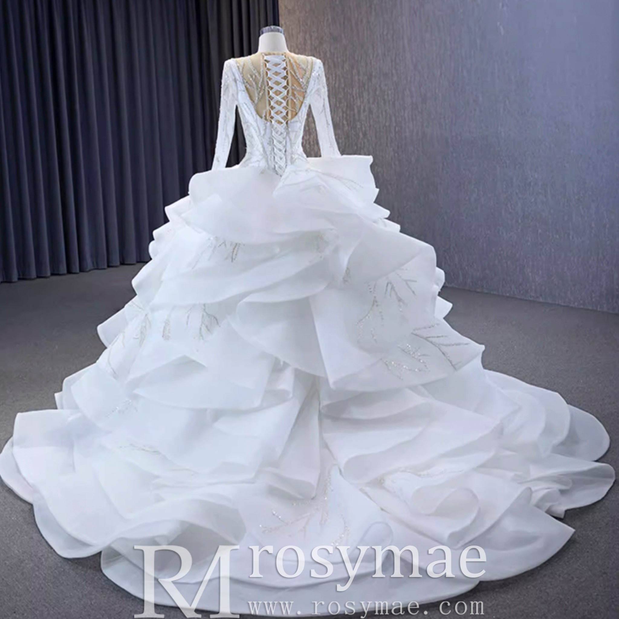 Beaded Lace Apliqued Ruffled Wedding Dresses Long Sleeve Bridal Gown - Rosymae