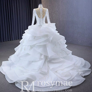 Beaded Lace Apliqued Ruffled Wedding Dresses Long Sleeve Bridal Gown - Rosymae