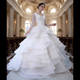 Beaded Lace Apliqued Ruffled Wedding Dresses Long Sleeve Bridal Gown - Rosymae