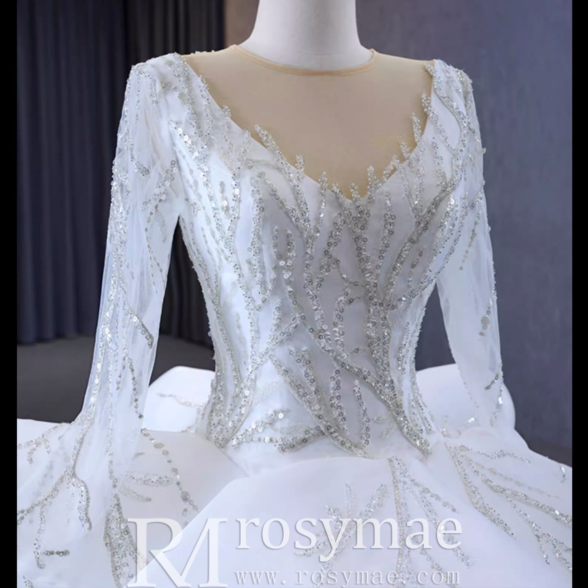 Beaded Lace Apliqued Ruffled Wedding Dresses Long Sleeve Bridal Gown - Rosymae