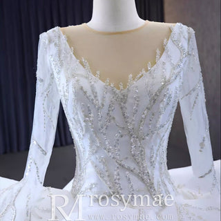 Beaded Lace Apliqued Ruffled Wedding Dresses Long Sleeve Bridal Gown - Rosymae