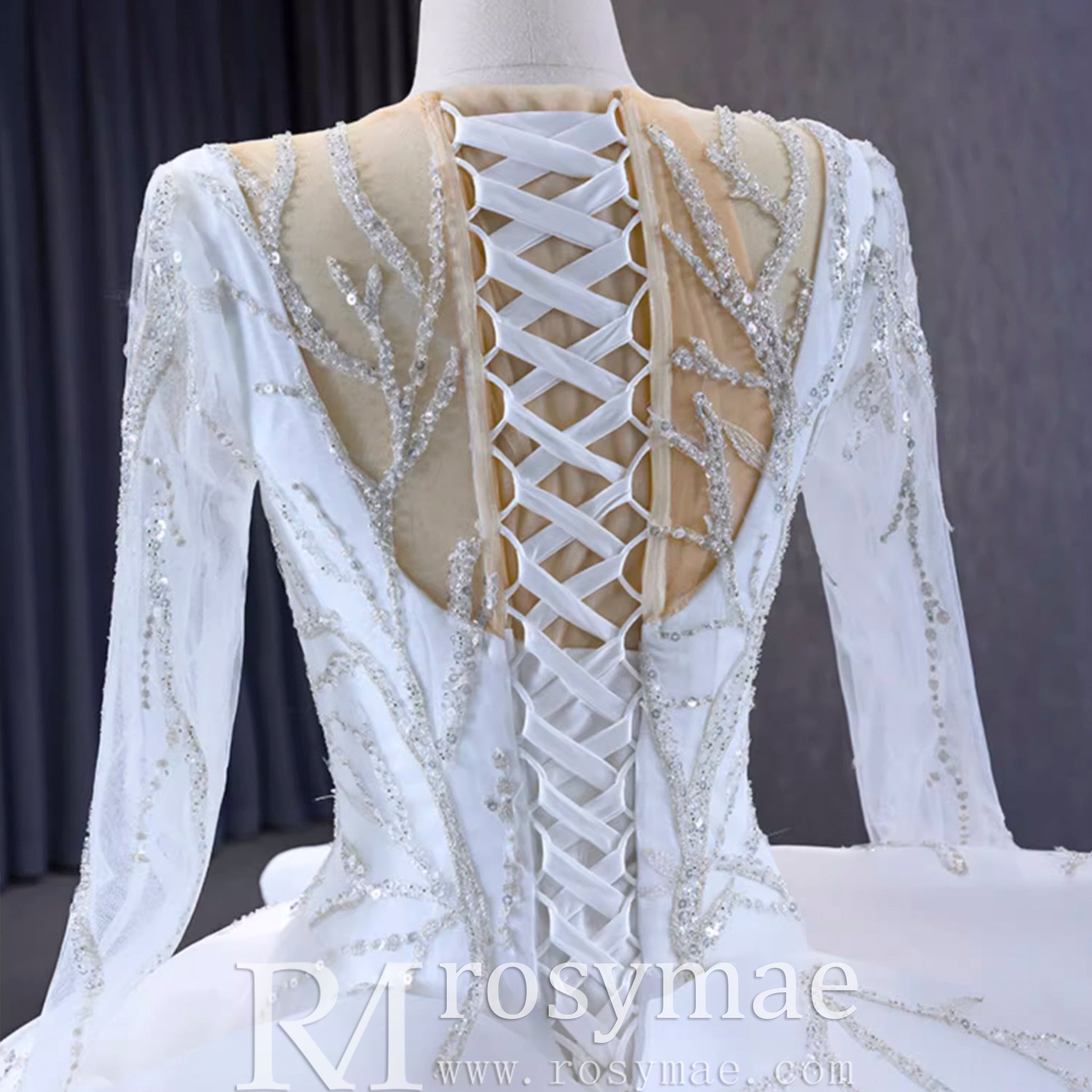 Beaded Lace Apliqued Ruffled Wedding Dresses Long Sleeve Bridal Gown - Rosymae