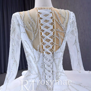 Beaded Lace Apliqued Ruffled Wedding Dresses Long Sleeve Bridal Gown - Rosymae