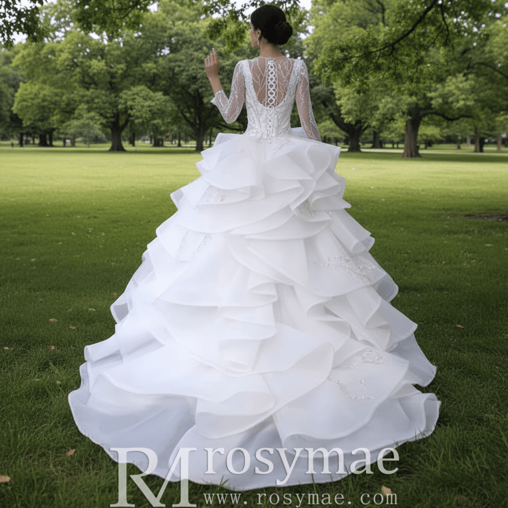 Beaded Lace Apliqued Ruffled Wedding Dresses Long Sleeve Bridal Gown - Rosymae