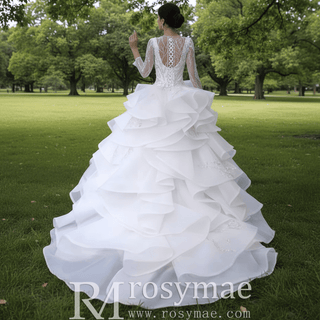 Beaded Lace Apliqued Ruffled Wedding Dresses Long Sleeve Bridal Gown - Rosymae