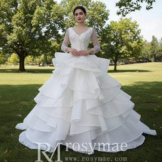Beaded Lace Apliqued Ruffled Wedding Dresses Long Sleeve Bridal Gown - Rosymae