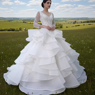 Beaded Lace Apliqued Ruffled Wedding Dresses Long Sleeve Bridal Gown - Rosymae