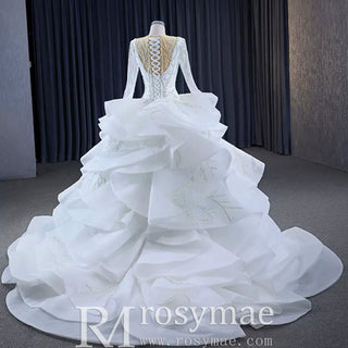 Beaded Lace Apliqued Ruffled Wedding Dresses Long Sleeve Bridal Gown - Rosymae