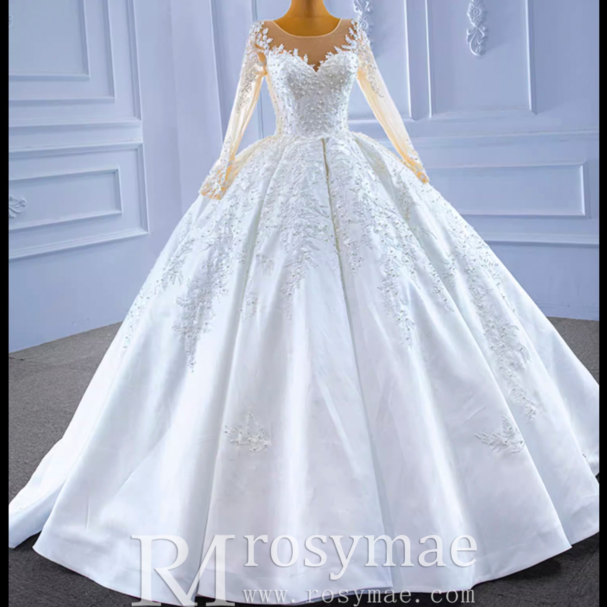 Beaded Lace Appliqued Satin Puffy Wedding Gown with Long Sleeve - Rosymae