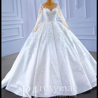 Beaded Lace Appliqued Satin Puffy Wedding Gown with Long Sleeve - Rosymae