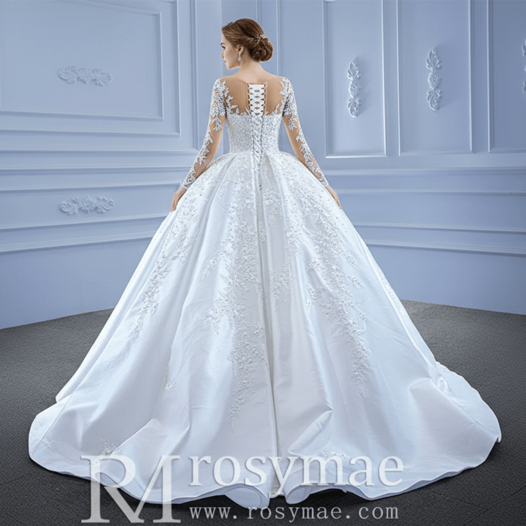 Beaded Lace Appliqued Satin Puffy Wedding Gown with Long Sleeve - Rosymae