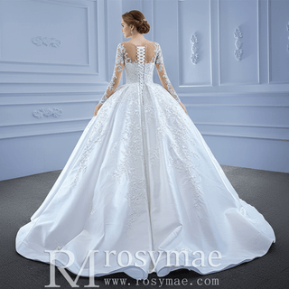 Beaded Lace Appliqued Satin Puffy Wedding Gown with Long Sleeve - Rosymae