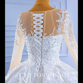 Beaded Lace Appliqued Satin Puffy Wedding Gown with Long Sleeve - Rosymae