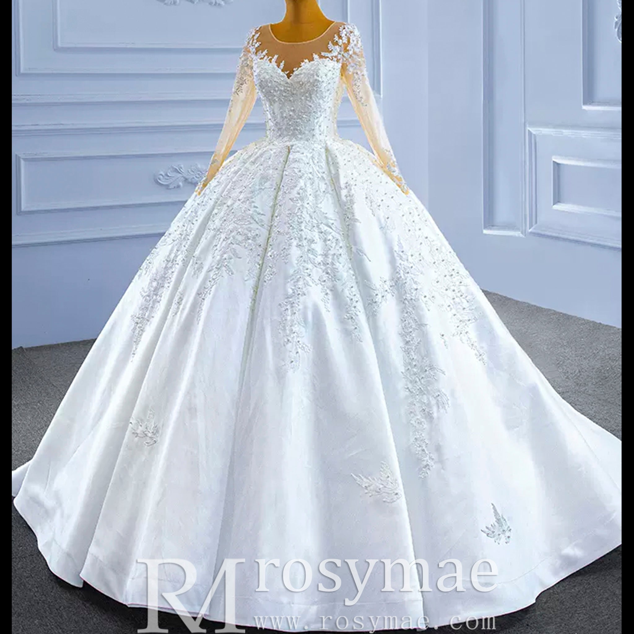 Beaded Lace Appliqued Satin Puffy Wedding Gown with Long Sleeve - Rosymae