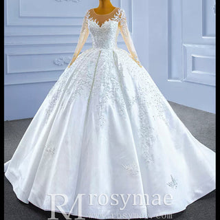 Beaded Lace Appliqued Satin Puffy Wedding Gown with Long Sleeve - Rosymae