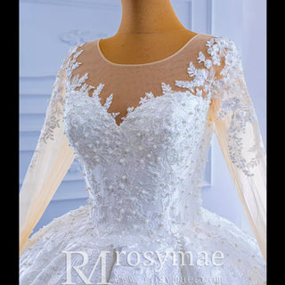 Beaded Lace Appliqued Satin Puffy Wedding Gown with Long Sleeve - Rosymae