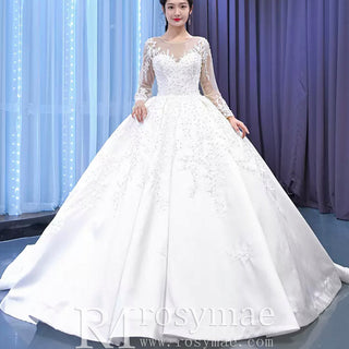 Beaded Lace Appliqued Satin Puffy Wedding Gown with Long Sleeve - Rosymae