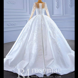 Beaded Lace Appliqued Satin Puffy Wedding Gown with Long Sleeve - Rosymae