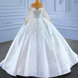 Beaded Lace Appliqued Satin Puffy Wedding Gown with Long Sleeve - Rosymae