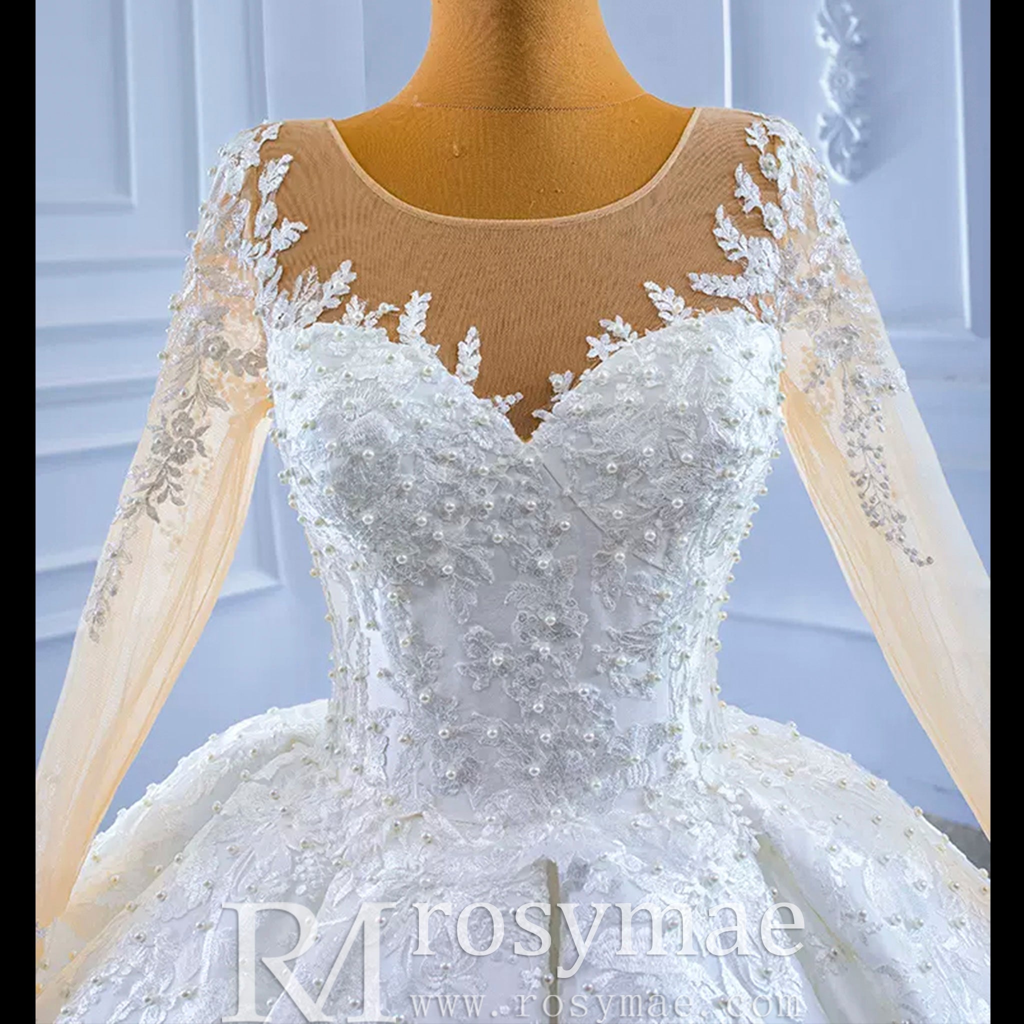Beaded Lace Appliqued Satin Puffy Wedding Gown with Long Sleeve - Rosymae