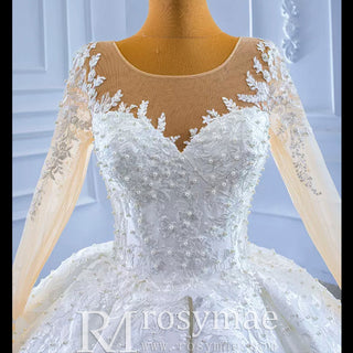 Beaded Lace Appliqued Satin Puffy Wedding Gown with Long Sleeve - Rosymae