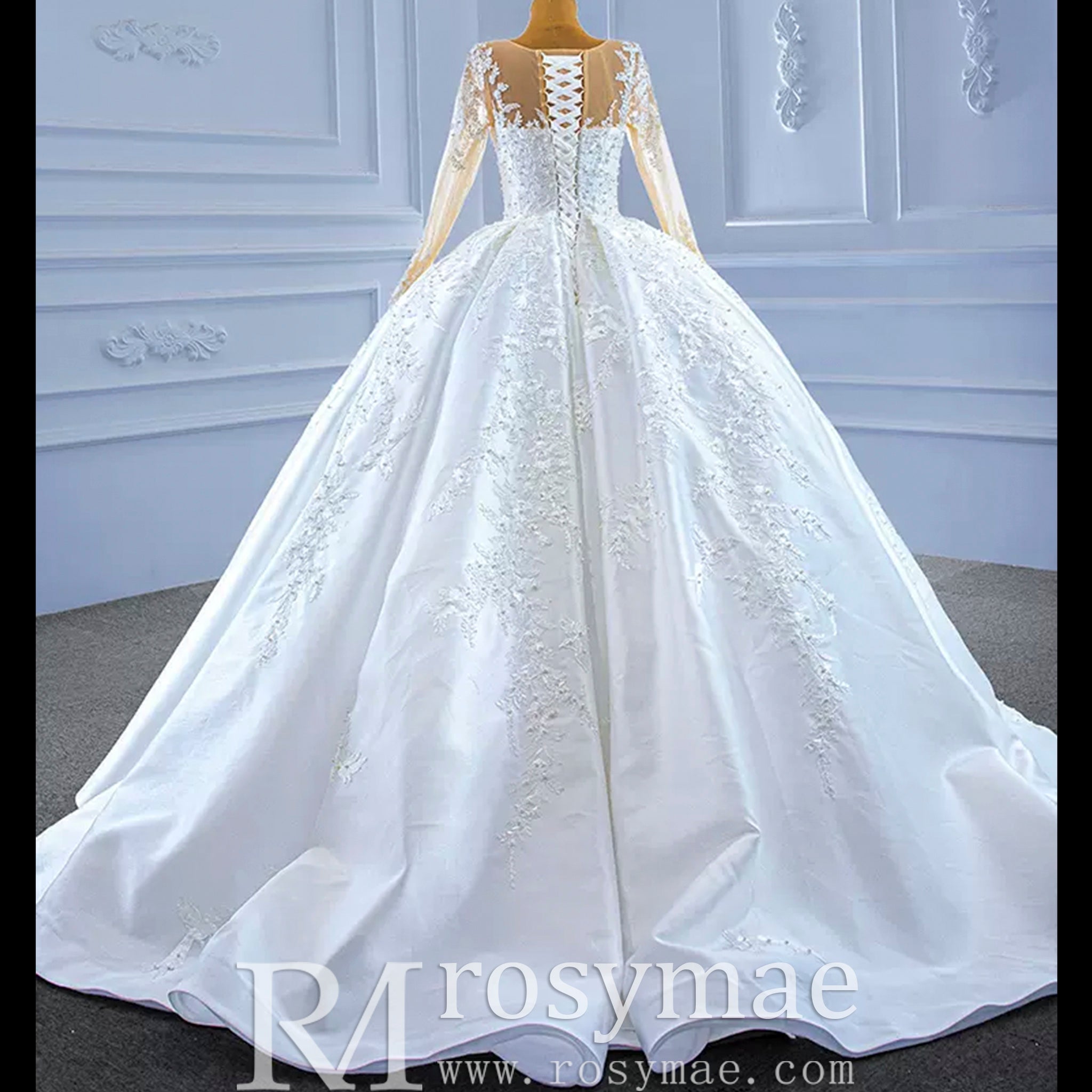 Beaded Lace Appliqued Satin Puffy Wedding Gown with Long Sleeve - Rosymae