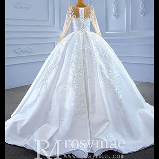 Beaded Lace Appliqued Satin Puffy Wedding Gown with Long Sleeve - Rosymae