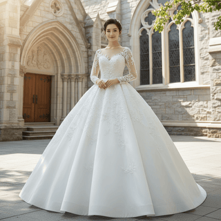 Beaded Lace Appliqued Satin Puffy Wedding Gown with Long Sleeve - Rosymae