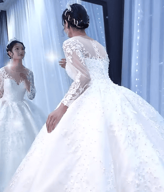 Beaded Lace Appliqued Satin Puffy Wedding Gown with Long Sleeve - Rosymae
