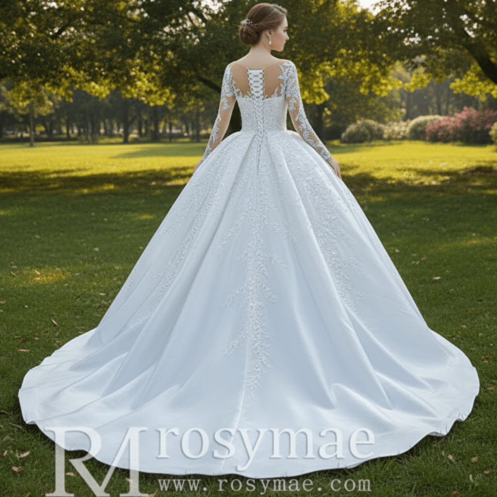 Beaded Lace Appliqued Satin Puffy Wedding Gown with Long Sleeve - Rosymae