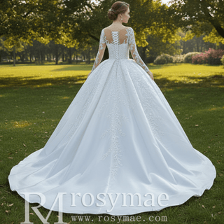 Beaded Lace Appliqued Satin Puffy Wedding Gown with Long Sleeve - Rosymae