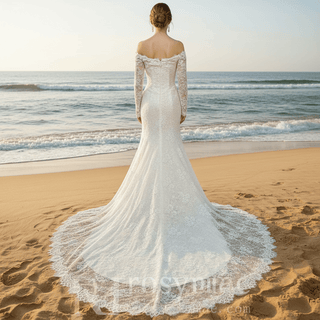 Beaded Lace Mermaid Wedding Dress with Sequins & Eyelash Lace Hem