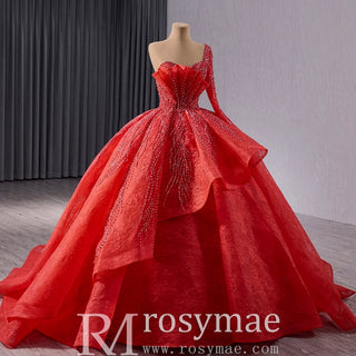 Beaded Lace Ruffle Skirt Quinceanera Dress with One Shoulder - Rosymae