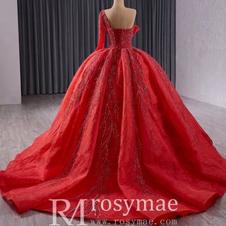 Beaded Lace Ruffle Skirt Quinceanera Dress with One Shoulder - Rosymae