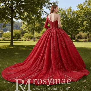Beaded Lace Ruffle Skirt Quinceanera Dress with One Shoulder - Rosymae