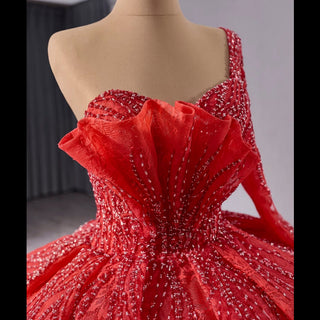 Beaded Lace Ruffle Skirt Quinceanera Dress with One Shoulder - Rosymae