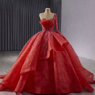 Beaded Lace Ruffle Skirt Quinceanera Dress with One Shoulder - Rosymae