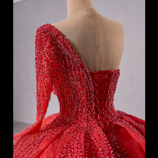Beaded Lace Ruffle Skirt Quinceanera Dress with One Shoulder - Rosymae