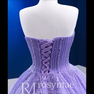 Beaded Lavender Ball Gown Quince Dress with Removable Sleeves - Rosymae