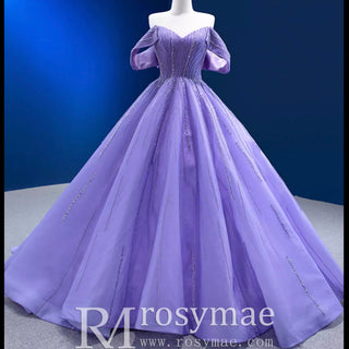 Beaded Lavender Ball Gown Quince Dress with Removable Sleeves - Rosymae