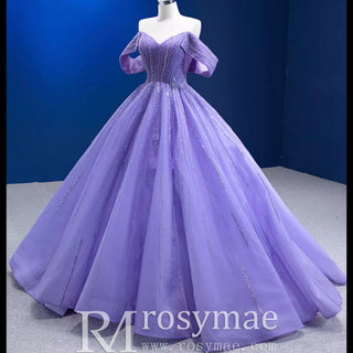 Beaded Lavender Ball Gown Quince Dress with Removable Sleeves - Rosymae
