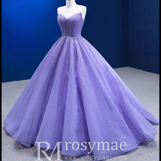Beaded Lavender Ball Gown Quince Dress with Removable Sleeves - Rosymae