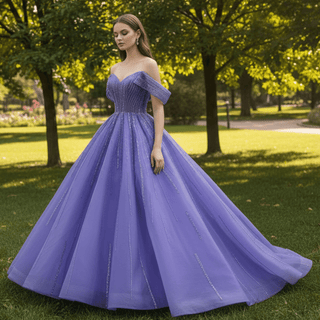 Beaded Lavender Ball Gown Quince Dress with Removable Sleeves - Rosymae