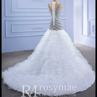 Beaded Mermaid Ruffle Wedding Dress High Neck Trumpet Bridal Gown - Rosymae