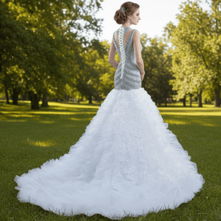 Beaded Mermaid Ruffle Wedding Dress High Neck Trumpet Bridal Gown - Rosymae